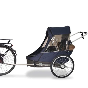 Przyczepka rowerowa 3w1 Wike Premium Double granatowo - brązowa - najwięcej miejsca dla dziecka_